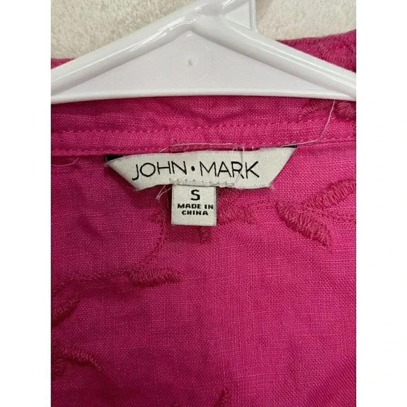 JOHN MARK Women 100% Linen Pink Embroidered Floral Button Down Shirt Top Small - Picture 5 of 9